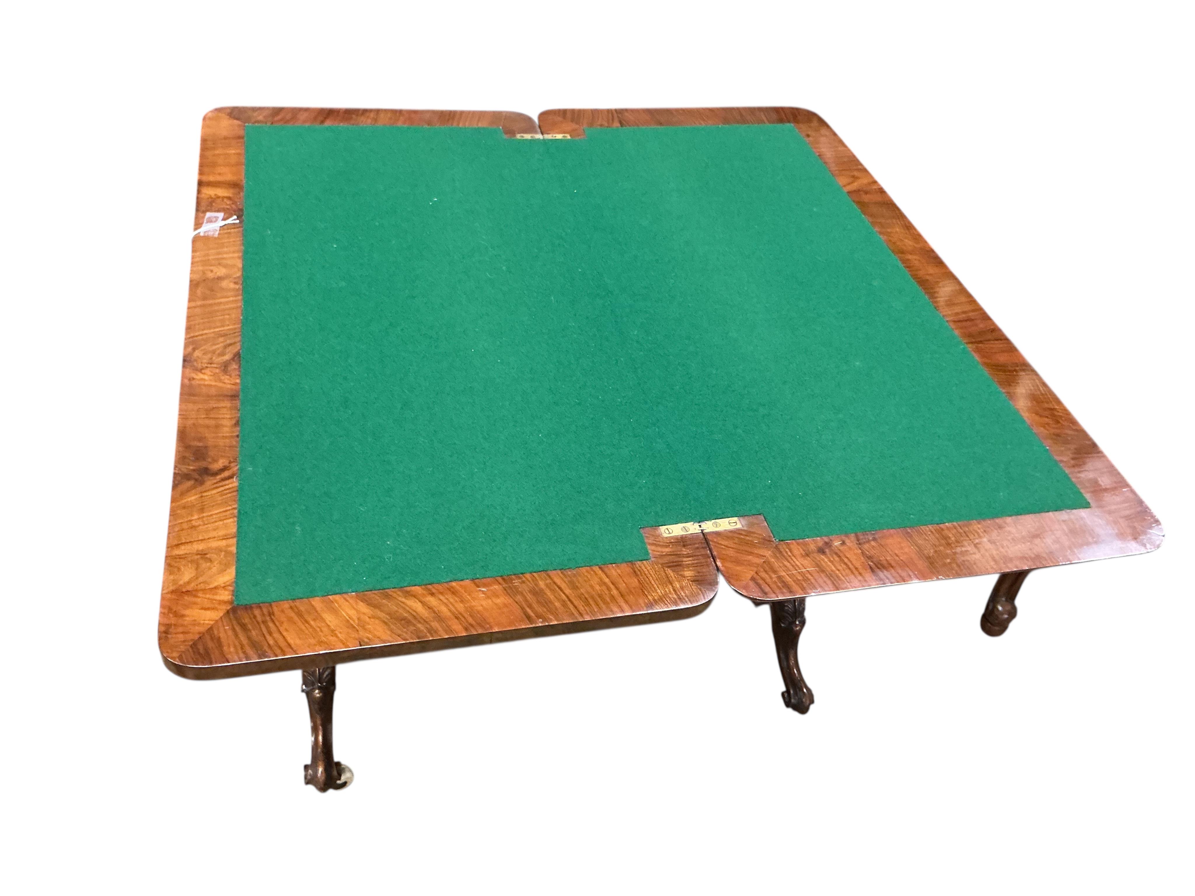 A Victorian burr walnut rectangular folding card table, width 91cm, depth 45cm, height 75cm